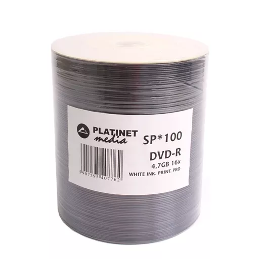 Platinet DVD-R (100 pack), 4.7GB 16X, Full Face / Wide Inkjet Printable Pro, White, Shrink Pack