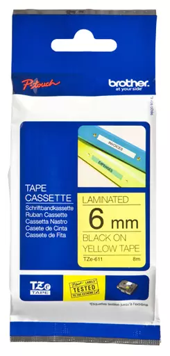 Brother TZE-611 DirectLabel black on yellow Laminat 6mm x 8m for Brother P-Touch TZ 3.5-18mm/6-12mm/6-18mm/6-24mm/6-36mm