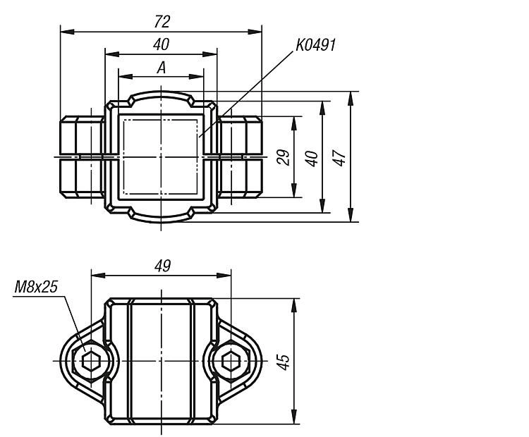 Tube Clamp. To Suit 30mm Square Tube. Plastic.