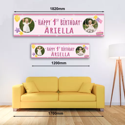 Personalised Banner - 1st Birthday Girl Banner with Photo