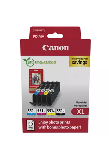 Canon 6443B008/CLI-551XL Ink cartridge multi pack high-capacity CLI Bk,C,M,Y + Photopaper PP-201 50 sheet 5530pg + 3x695pg Pack=4 for Canon Pixma IP 8700/IX 6850/MG 5450/MG 6350/MX 725