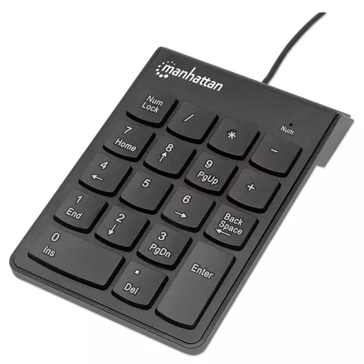 Manhattan Numeric Keypad, Wired, USB-A, 18 Full Size Keys, Black, Membrane Key Switches, Windows and Mac, Three Year Warranty, Blister