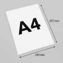A4 paper with 210mm by 297mm dimensions shown at an angle.