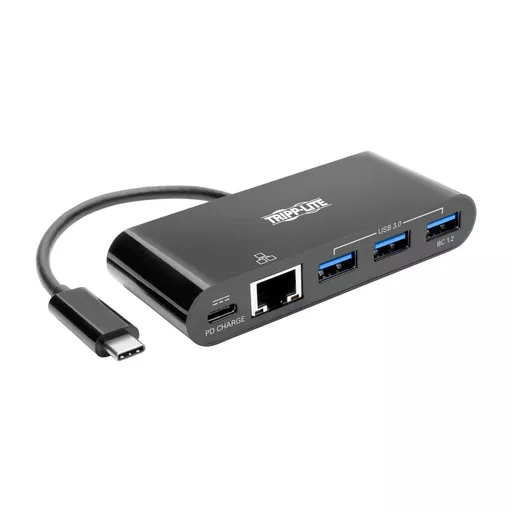 Tripp Lite U460-003-3AGB-C 3-Port USB-C Hub with LAN Port and Power Delivery, USB-C to 3x USB-A, Gbe, 60W PD Charging, USB 3.0, Black