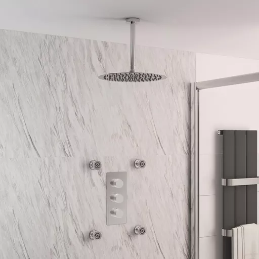 Shower Bundle: Concealed Valve, Round Head, Body Jets & Ceiling Mounted Shower Arm - Chrome