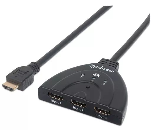 Manhattan HDMI Switch 3-Port, 4K@60Hz, Connects x3 HDMI sources to x1 display, Manual Switching (via button), Integrated Cable (58cm), No external power required, Black, Three Year Warranty, Blister