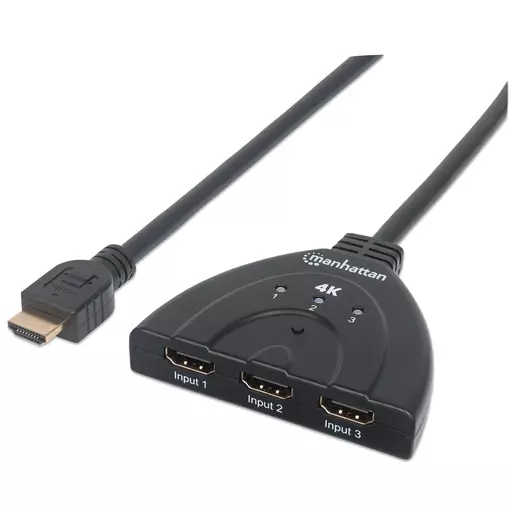 Manhattan HDMI Switch 3-Port, 4K@60Hz, Connects x3 HDMI sources to x1 display, Manual Switching (via button), Integrated Cable (58cm), No external power required, Black, Three Year Warranty, Blister