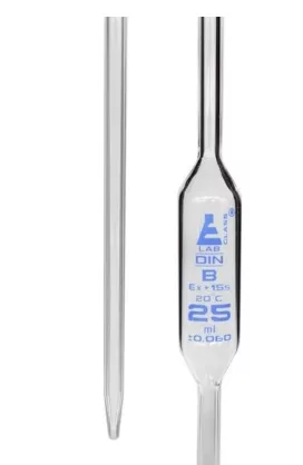 Pipette, graduated, type I, class B, calibrated for delivery from zero mark at top to graduation mark, face marked, 25 cm3 capacity x 0.2 cm3 divisions, pack 5