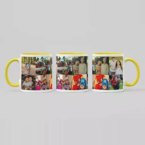 Personalised Yellow Coloured (White Handle) Mug with 8 Photo Collage
