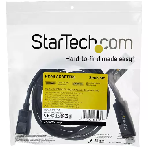 StarTech.com 2m (6ft) HDMI to DisplayPort Cable 4K 30Hz - Active HDMI 1.4 to DP 1.2 Adapter Converter Cable with Audio - USB Powered - Mac & Windows - HDMI Laptop to DP Monitor - Male/Male