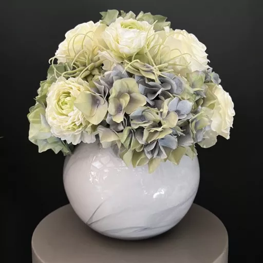 Blue & White Hydrangea in Grey Marble Fish Bowl