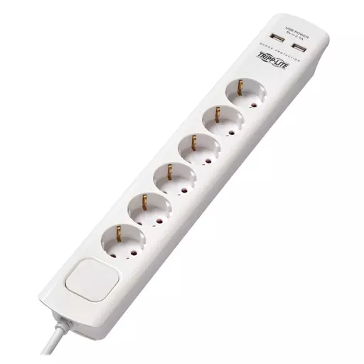 Tripp Lite TLP6G18USB 6-Outlet Surge Protector with USB Charging - German Type F Schuko Outlets, 220-250V, 16A, Schuko Plug, White