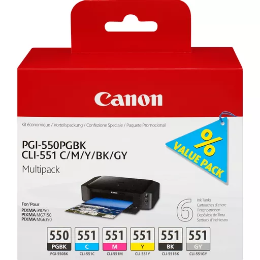 Canon 6496B005/PGI-550/CLI-551 Ink cartridge multi pack Bk,C,M,Y,Gy 7ml Pack=6 for Canon Pixma IP 8700/MG 6350/MG 7550