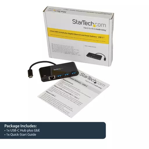 StarTech.com USB-C to Ethernet Adapter with 3-Port USB 3.0 Hub and Power Delivery