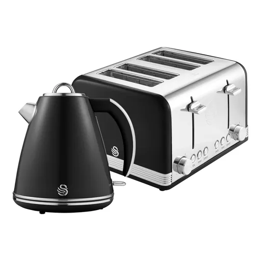 Swan Retro Kitchen Set, 1.5L Fast Boil Kettle & 4 Slice Toaster in Black