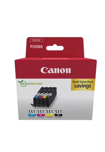 Canon 6509B016/CLI-551 Ink cartridge multi pack Bk,C,M,Y Blister 4x7ml Pack=4 for Canon Pixma IP 8700/IX 6850/MG 5450/MG 6350/MX 725