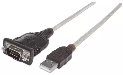 Manhattan USB-A to Serial Converter cable, 45cm, Male to Male, Serial/RS232/COM/DB9, Prolific PL-2303RA Chip, Equivalent to ICUSB232V2, Black/Silver cable, Three Year Warranty, Polybag