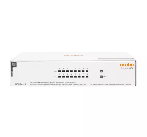 HPE Aruba Networking Aruba Instant On 1430 8G Class4 PoE 64W Unmanaged L2 Gigabit Ethernet (10/100/1000) Power over Ethernet (PoE) White