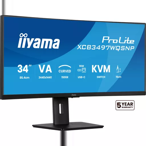 iiyama ProLite 34’’ UWQHD curved monitor with USB-C dock, LAN, KVM switch and 15cm height adjustable stand