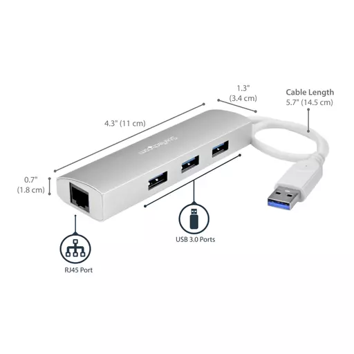 StarTech.com 3-Port Portable USB 3.0 Hub plus Gigabit Ethernet - Built-In Cable~3-Port Portable USB 3.0 Hub plus Gigabit Ethernet - 5Gbps - Built-In Cable