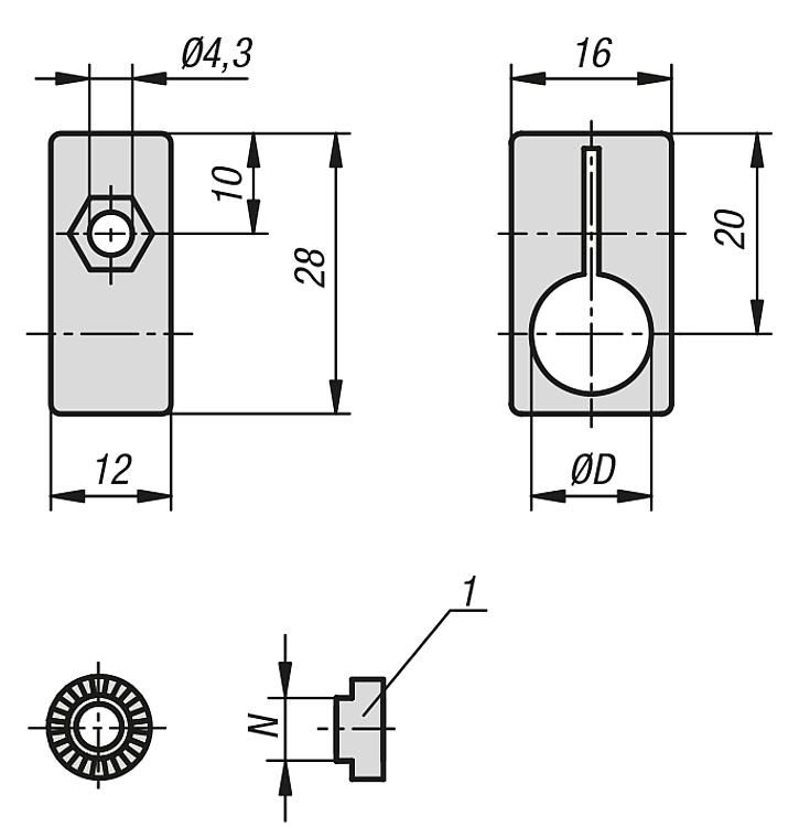 Fastening Piece. 8mm Slot Width. Plastic.