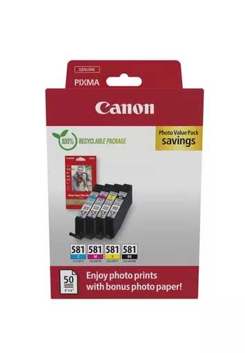 Canon 2106C006/CLI-581 Ink cartridge multi pack Bk,C,M,Y + Photopaper 50 sheet 10x15cm 5.6ml 1505/256/237/257 pg Pack=4 for Canon Pixma TS 6150/8150