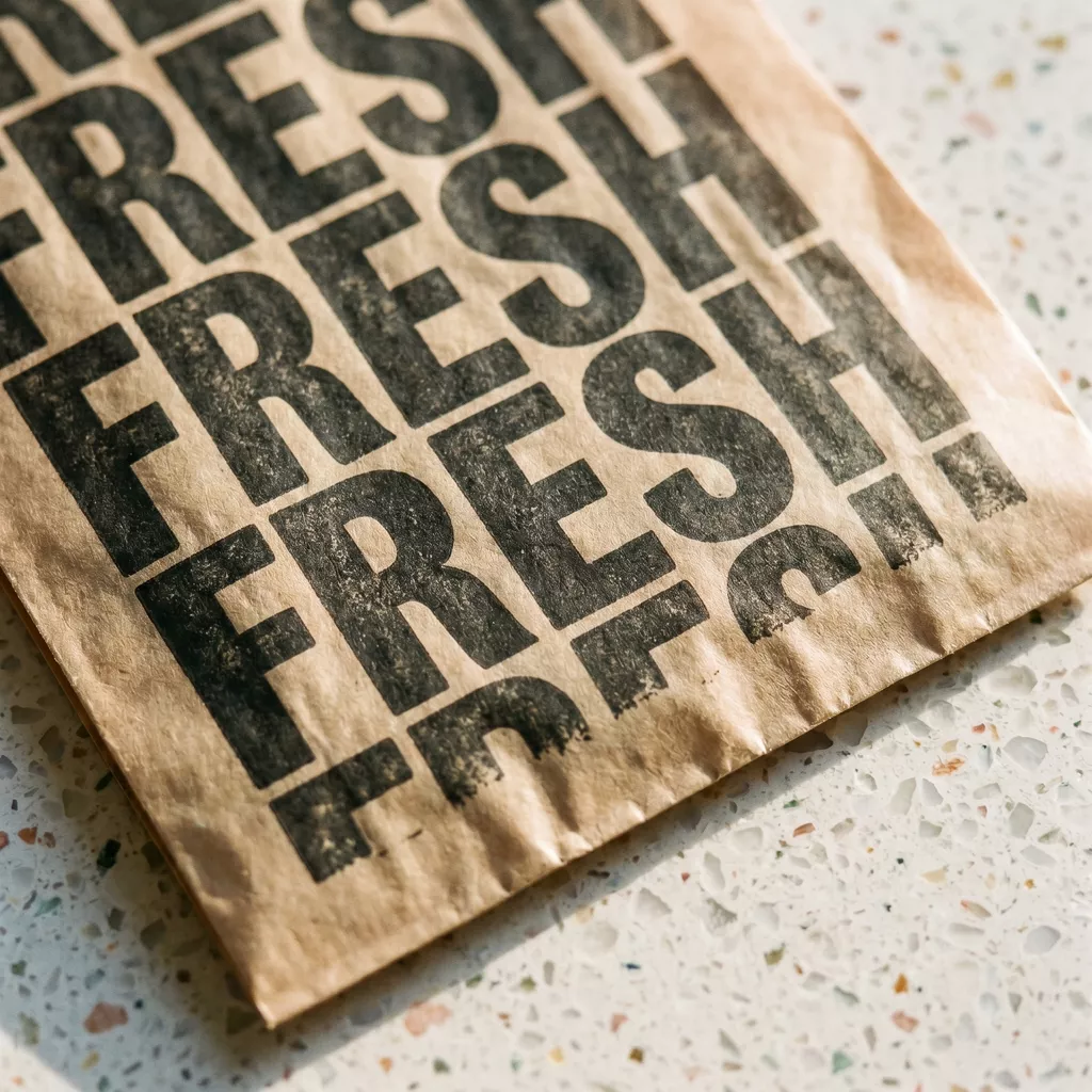 Close up of custom printed kraft greaseproof bag showing bold typography print detail