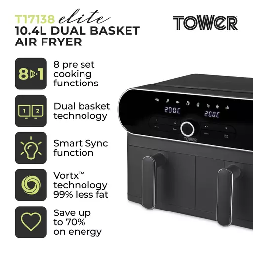 Tower 10.4L Vortx Dual Basket Air Fryer with Smart Finish