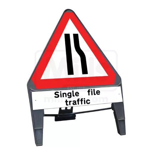 Road Narrows RIGHT w/ Single File Supp Plate 750mm Q-Sign