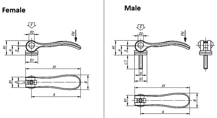 Cam Lever. 52.3mm Handle Length. M4x20mm Steel Thread