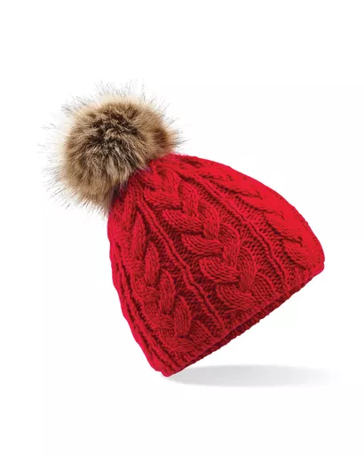 Faux Fur Pom Pom Cable Beanie