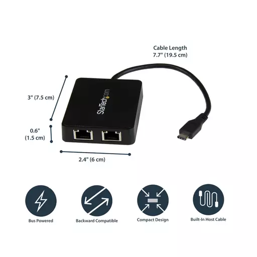 StarTech.com USB-C to Dual Gigabit Ethernet Adapter with USB (Type-A) Port