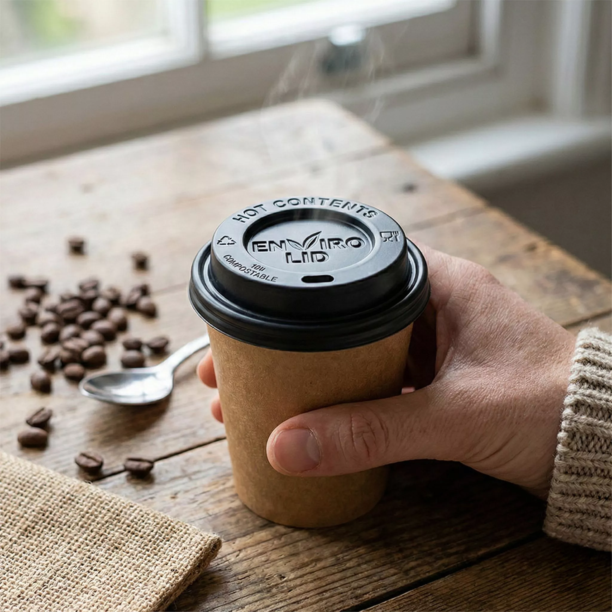 Hot cup sip lids in PS, PP, paper, moulded fibre and compostable