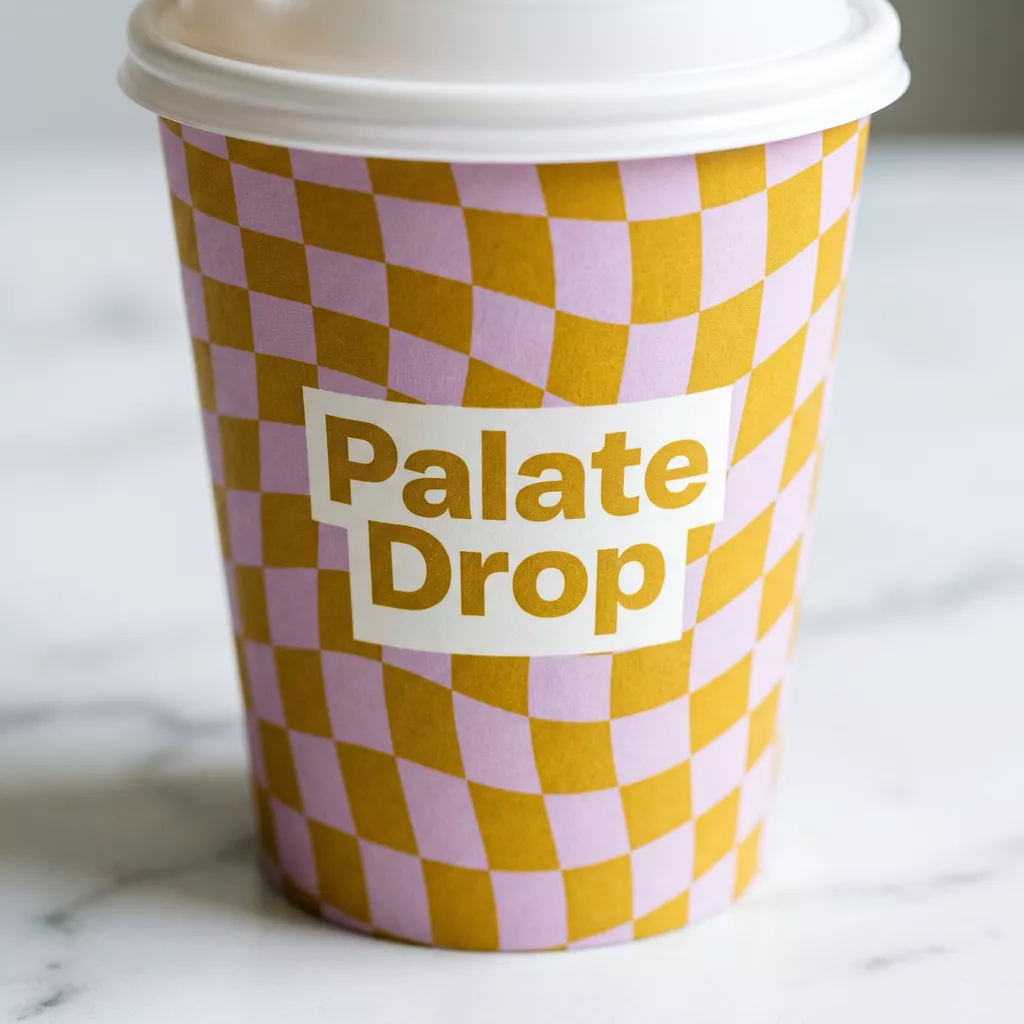 Custom printed coffee cup with bold full-colour checkered pattern design