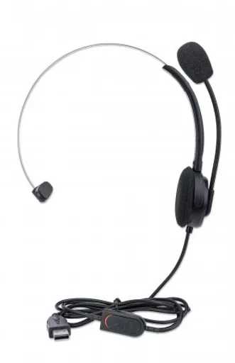 Manhattan Mono On-Ear Headset (USB) (Clearance Pricing), Microphone Boom (padded), Polybag Packaging, Adjustable Headband, In-Line Volume Control, Ear Cushion, USB-A for both sound and mic use, cable 1.5m, Three Year Warranty