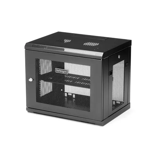 StarTech.com 2 Post 9U 19" Wall Mount Network Cabinet - Adjustable Depth 6-15"- Locking IT Switch Depth Enclosure - Vented Computer/Electronics Equipment Data Rack w/Shelf & Hook & Loop Tape