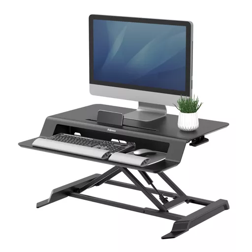 Fellowes Sit Stand Desk Riser - Lotus LT Height Adjustable Sit Stand Desk Converter with Convenient Device Channel - No Assembly Required - Max Weight 17KG - Black