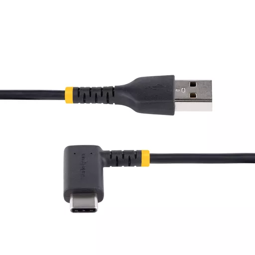 StarTech.com 6ft (2m) USB A to C Charging Cable Right Angle - Heavy Duty Fast Charge USB-C Cable - Black USB 2.0 A to Type-C - Rugged Aramid Fiber - 3A - USB Charging Cord