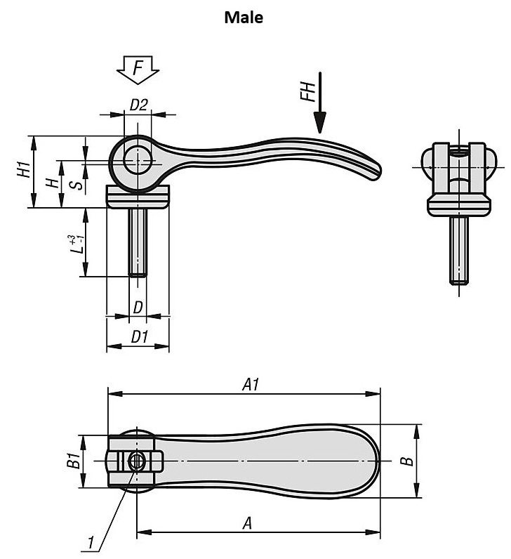 Adjustable Cam Lever. 52.3mm Handle Length. M5x40mm Stainless Steel Thread. Blasted.