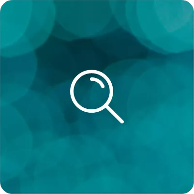 Blue bokeh background with magnifying glass icon