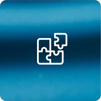 Blue gradient background with a white puzzle icon