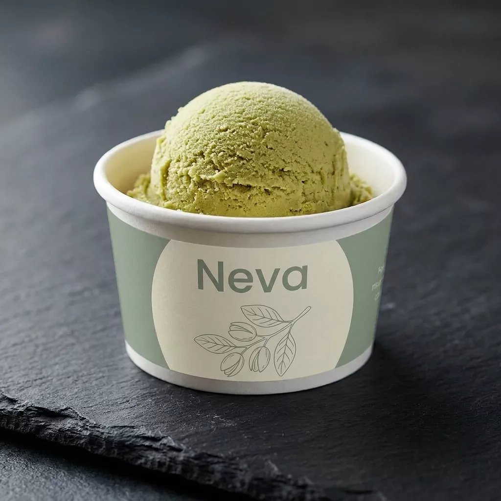 Custom printed minimal ice cream cup with sage green label for Neva gelato brand