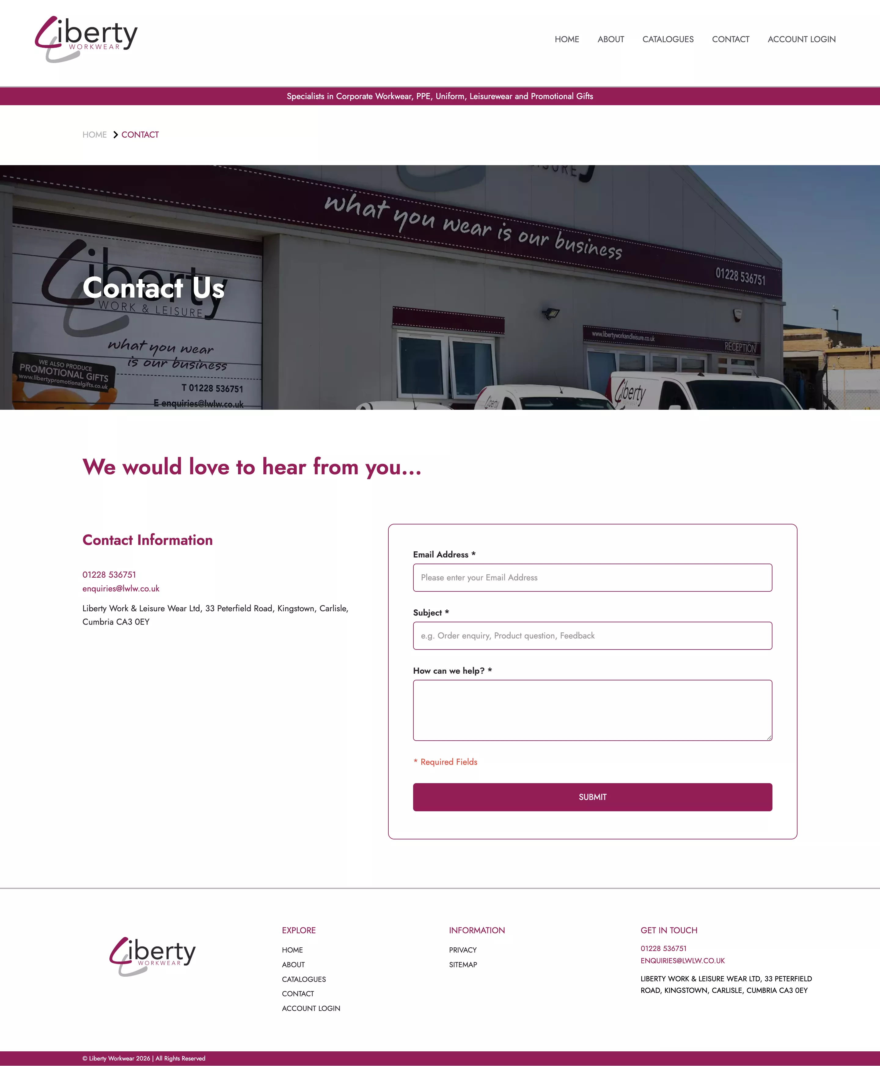 Screenshot of the Liberty Workwear Website Contact Page