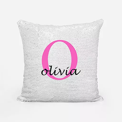 Personalised Sequin Magic Cushion For Her – Custom Initial "O" & Name Gift