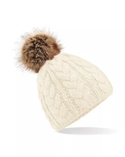 Faux Fur Pom Pom Cable Beanie
