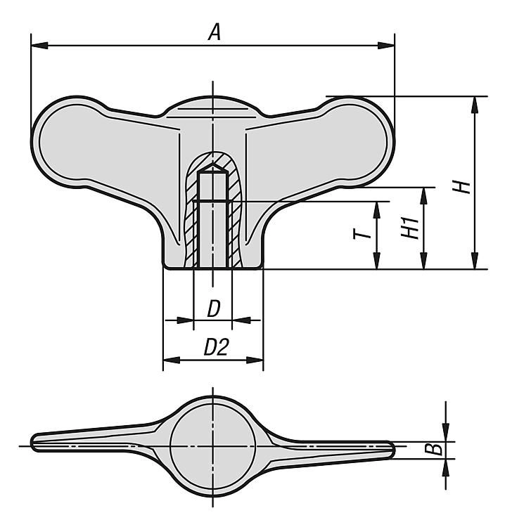 Wing Grip. Stainless Steel. M5 Thread. 50mm Wing Diameter. Polished Finish.