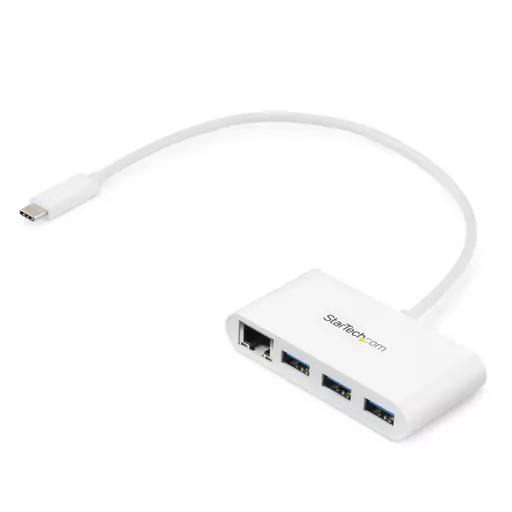 StarTech.com 3-Port USB-C Hub with Gigabit Ethernet - USB-C to 3x USB-A - USB 3.0 Hub - White~3-Port USB-C Hub with Gigabit Ethernet - USB-C to 3x USB-A - USB 3.0 Hub - 5Gbps - White