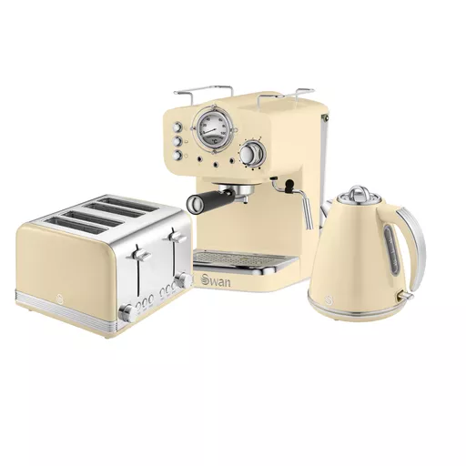 Retro 4 Slice Toaster, Cordless Kettle and Coffee Machine Bundle in Cream