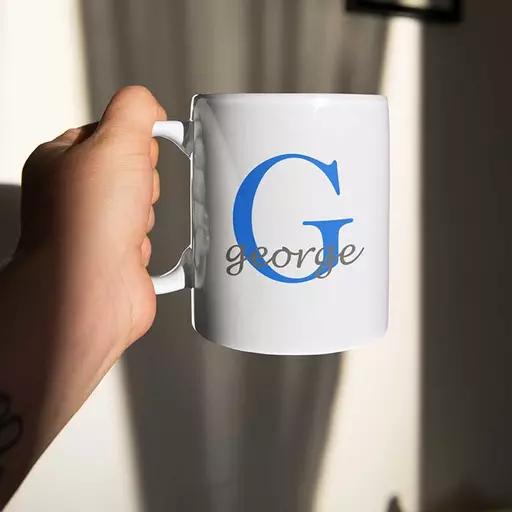 Personalised mug with custom name and initial coffee, tea, or hot chocolate lovers and great for any celebration
