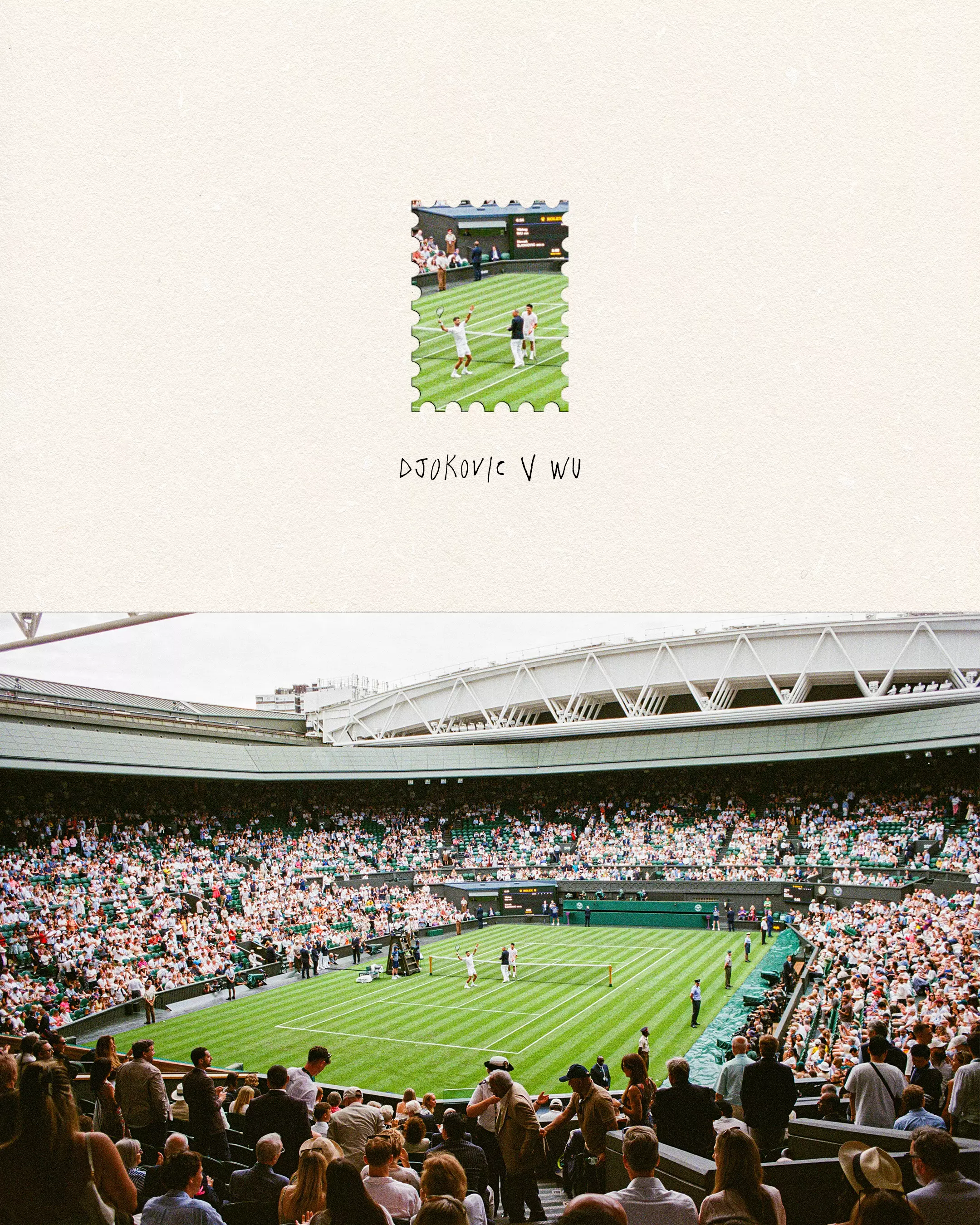 Film photo of a wide shot of Centre Court at Wimbledon with a mini cut out stamp close up shot.